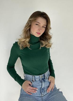 Женская водолазка гольфик кофта гладкая изумрудная
