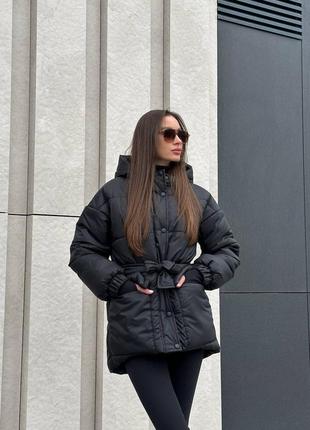 Зимняя теплая куртка пуффер пуховик с капюшоном средней длины парка курточка ветровка белый черный бежевый