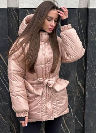 Зимняя теплая куртка пуффер пуховик с капюшоном средней длины парка курточка ветровка белый черный бежевый5 фото