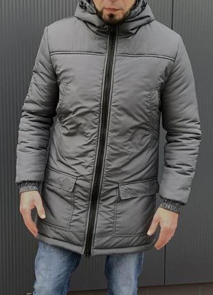 Куртка парка мужская теплая на синтепоне силикон 250 пальто плащевка канада зима осень весна на молнии курточка пуховик серая черная графит оверсайз
