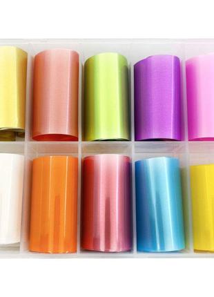 Набор широкой фольги для дизайна ногтей в контейнере 10 шт цветные