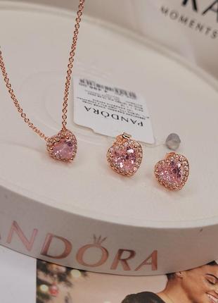 Набор пандора серебро s925 ale оригинальная бирка ожерелье серьги сердца розовое...