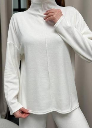 Костюм в рубчик білий/молочний широкі штани кофта светр святковий теплий двійка гольф водолазка9 фото