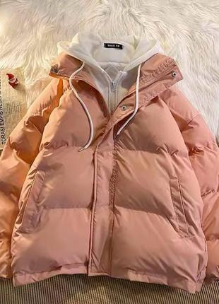 Жіночий персикова зимня тепла стильний пуховик зі вшитим капюшоном 2024