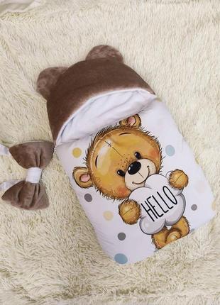 Конверт спальник для новонароджених, коричневий, принт ведмедик hello