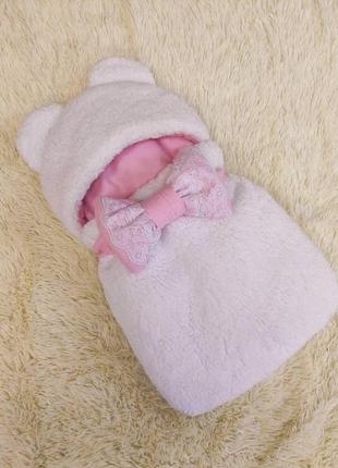 Конверт спальник тедді для новонароджених дівчаток, білий з рожевим