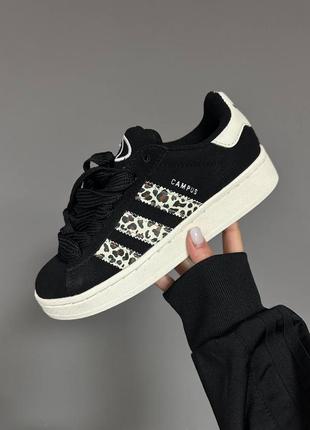 Крутые женские кроссовки adidas campus black leopard premium чёрные с леопардовым принтом