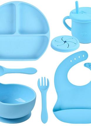 Набір силіконового посуду y9 трьох-секційна тарілка, поїльник, ложка виделка, слюнявчик блакитний