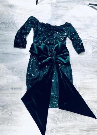 Вишукана вечірня смарагдова сукня з великим оксамитовим бантом/ колір року дракона🐉3 фото
