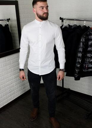 Мужская белая рубашка с длинным рукавом воротник стойка5 фото