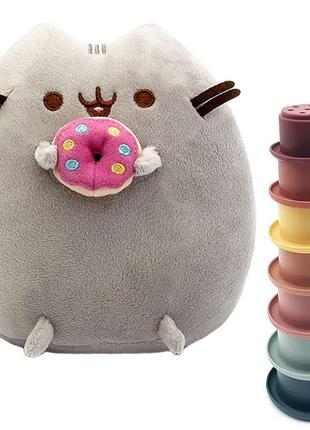 Мягкая игрушка пушин кэт pusheen cat 23х25 см с пончиком и пирамидка тактильная y16 башня n-11538