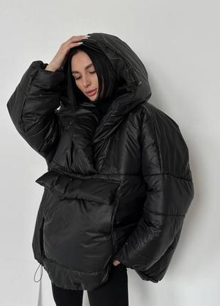 Жіночий анорак куртка пуховик зимова оверсайз мокко чорний