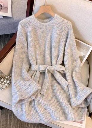 Ангоровое теплое стильное платье мини длины с поясом ангора повязка4 фото