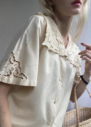 100% шелк. винтажная рубашка блузка с воротником кружево вышивка жидкая patra1 фото