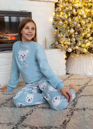 Флисовая пижама для девочки, теплая пижама флис с мишками, флисовая пижама с мышком