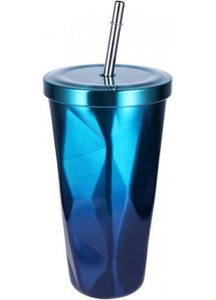 Металева склянка з трубочкою diamond 500 мл, градієнт синій