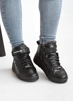 Подростковые черные зимние ботинки на мальчика, кожаные/натуральная кожа-подростковая обувь на зиму