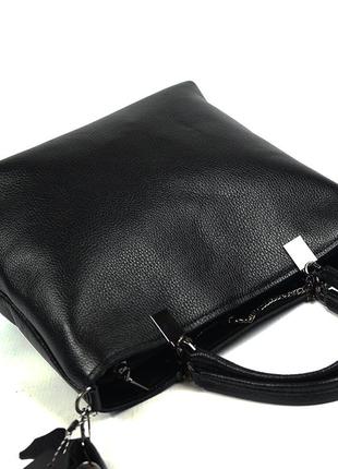 Чорна жіноча шкіряна сумка з ручками, молодіжна класична сумочка з натуральної чорної шкіри6 фото