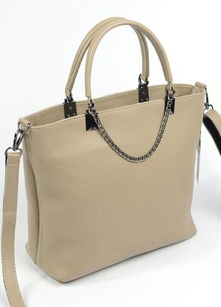 Бежевая женская сумка из натуральной кожи, молодежная кожаная сумочка с ручками и ремешком на плечо5 фото