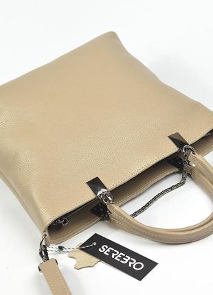 Бежевая женская сумка из натуральной кожи, молодежная кожаная сумочка с ручками и ремешком на плечо6 фото