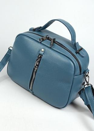 Блакитна жіноча шкіряна маленька сумка крос боді через плече з ручкою2 фото