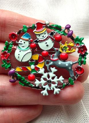 Брошь зима 4,7 см, новый год, разрезво, новогодняя, рождественская, зимняя, снеговик, олень, снежинка