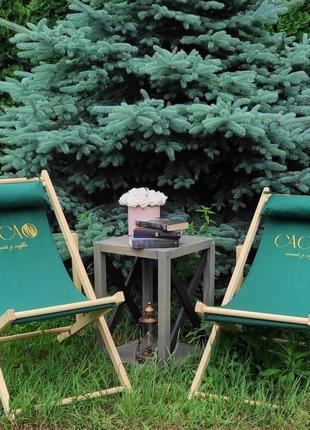 Раскладное деревянное кресло шезлонг с тканью, для дачи, пляжа или кафе.кресла садовые террасные деревянные.1 фото