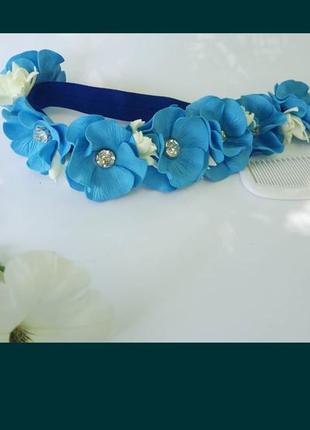 Детская повязка, ободок, цветы, синие1 фото