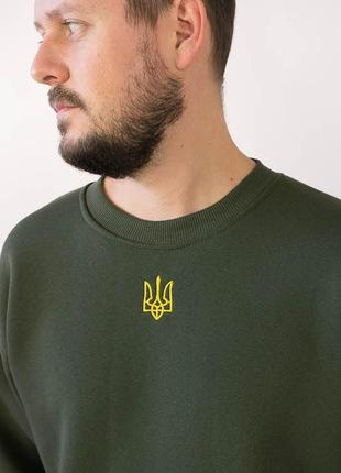 Теплий світшот хакі на флісі з гербом, з вишитим золотим тризубом