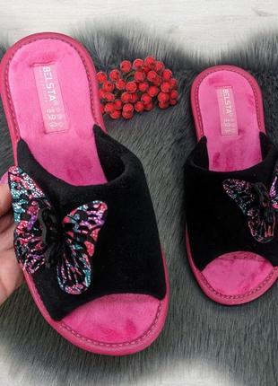 Тапочки женские домашние белста велюровые с бабочкой открытый носок 2880