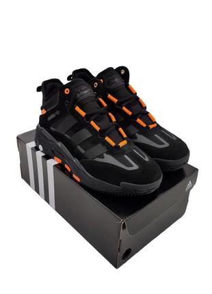Зимние кроссовки adidas niteball black orange чёрные с оранжевым (мех)8 фото