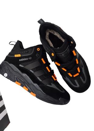 Зимние кроссовки adidas niteball black orange чёрные с оранжевым (мех)7 фото