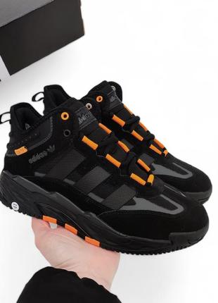 Зимние кроссовки adidas niteball black orange чёрные с оранжевым (мех)5 фото