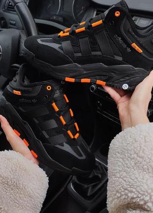 Зимние кроссовки adidas niteball black orange чёрные с оранжевым (мех)3 фото