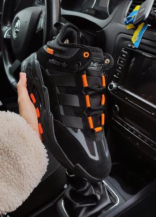 Зимние кроссовки adidas niteball black orange чёрные с оранжевым (мех)2 фото