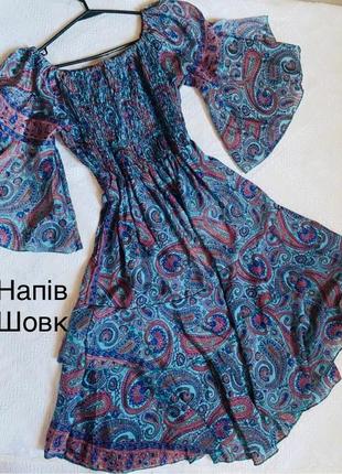 Сукня шовкова з вензелями бірюзова сукня бірюзове плаття міді в принт квітів та огірка -xs, s