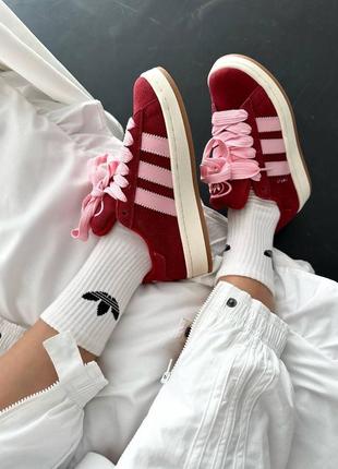 Шикарные женские кроссовки adidas campus scarlet pink premium вишнёвые с розовым4 фото