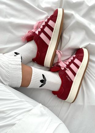 Шикарные женские кроссовки adidas campus scarlet pink premium вишнёвые с розовым3 фото