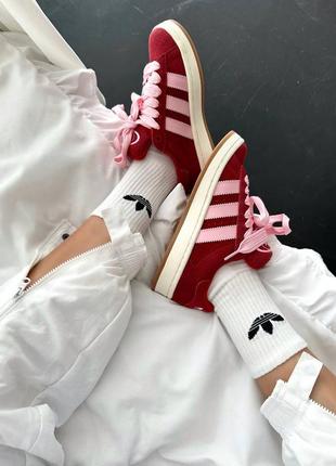 Шикарные женские кроссовки adidas campus scarlet pink premium вишнёвые с розовым6 фото