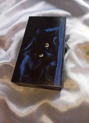 Скринька, купюрниця, шкатулка ′чорний кіт′- подарунок ручної роботи