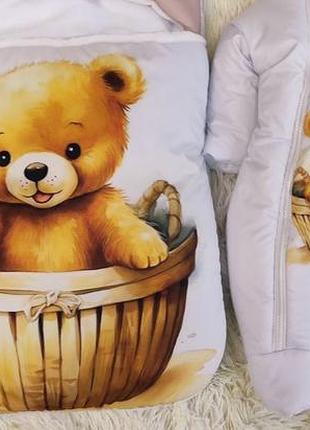 Зимний комбинезон + спальник для новорожденных, принт мишутка в корзинке, капучино