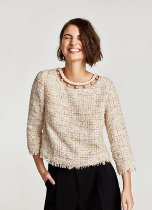 Твідова блуза з перлами zara tweed blouse with pearl