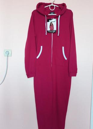 Темно розовый теплый домашний комбинезон, пижама на байке, кигуруми, кигурумы 100% хлопок 46-48 г.