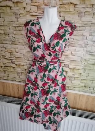 Платье халат на запах с карманами летняя струйная тонкая ткань тропический принт