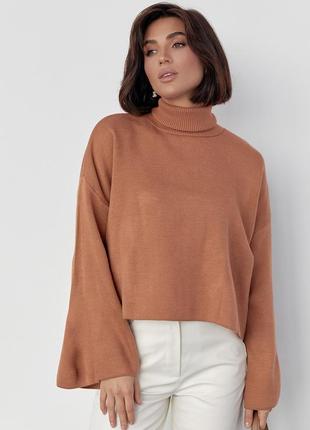 Женский короткий коричневый свитер с высокой горловиной и расширенными рукавами s, осень, повседневный