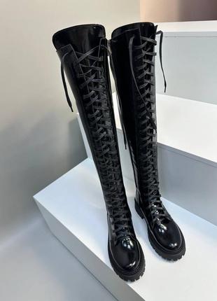 Черные лаковые ботфорты на шнуровке натуральный лак кожа зима деми3 фото