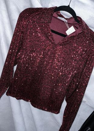 Бордовая нарядная блестящая блуза в пайетки reserved1 фото