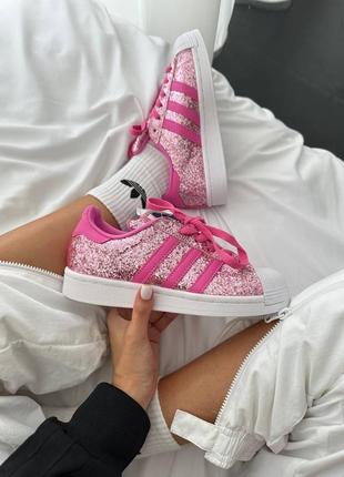 Крутейшие женские кроссовки adidas superstar barbie pink розовые с блёстками4 фото