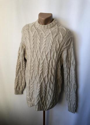 Бежевый свитер косы араны светлый кремовый винтаж pure new wool