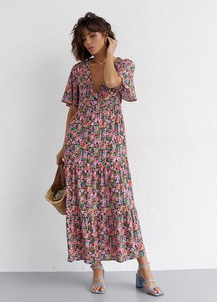 Длинное платье с оборкой и цветочным принтом - розовый цвет, l (есть размеры)8 фото